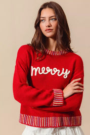 SO ME Merry Lettering Embroidered Christmas Sweater | Sweaters Daverri Fashions