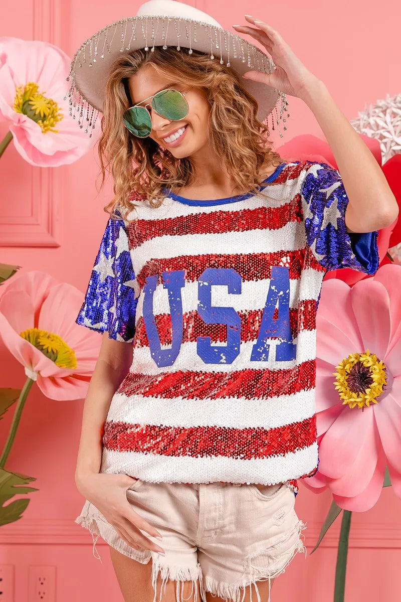 BiBi American Flag Theme USA Lettering Sequin Top Tops