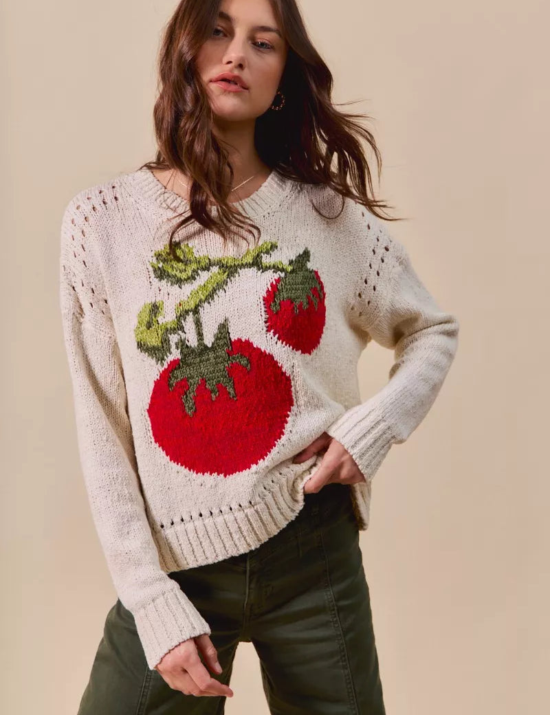 CREAM MULTI SO ME Vegetable Round Neck Long Sleeve Sweater | Sweaters Daverri Fashions
