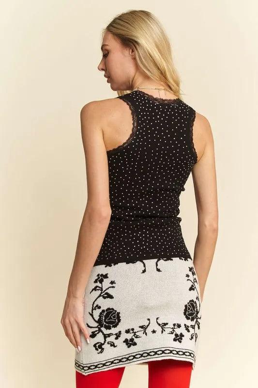 Davi & Dani Rhinestone Lace Trim Detail Tank - DAVERRI FASHIONS