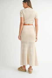 MABLE Pointelle Short Sleeve Crop Top and Slit Skirt Sweater Set | Outfit Sets Daverri Fashions