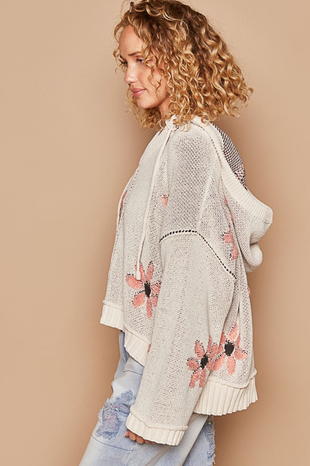 POL Floral Pattern Hooded High-Low Sweater