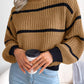 Cozy full-size striped mock neck knit sweater in camel with black stripes