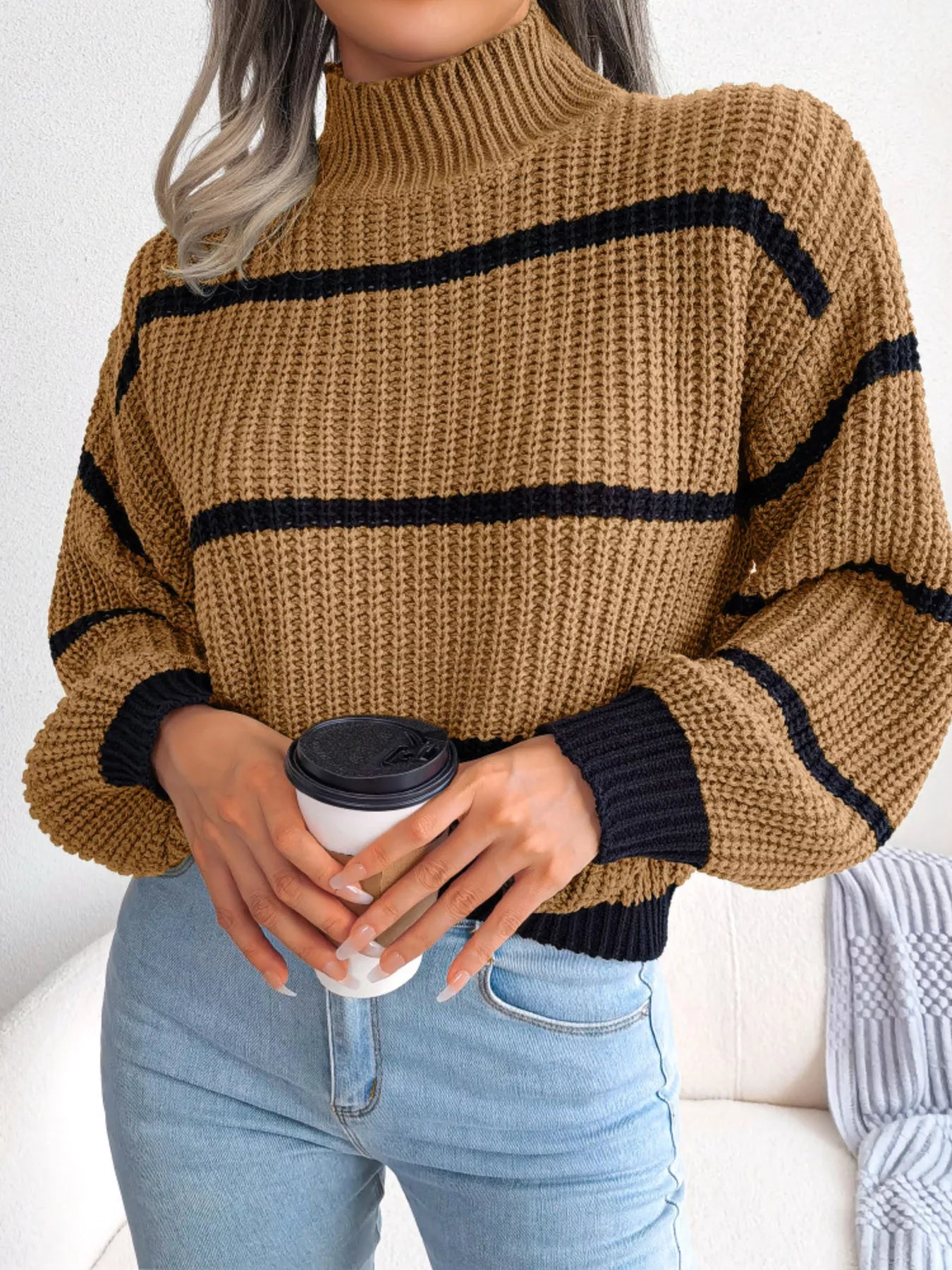 Cozy full-size striped mock neck knit sweater in camel with black stripes