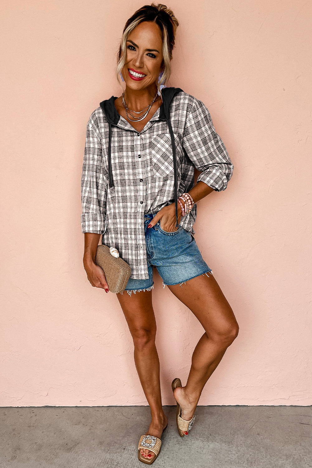 Pink Checkered Print Loose Fit Buttoned Hooded Shacket | Shackets Daverri Fashions