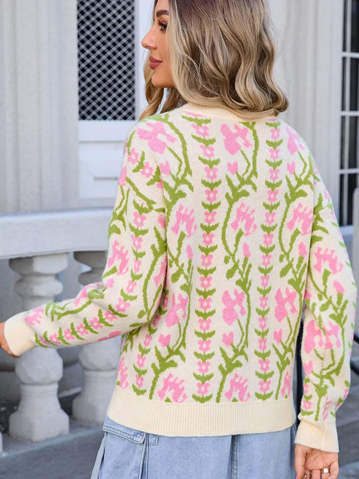 Angel Wings Flower Round Neck Long Sleeve Sweater | Sweaters Daverri Fashions