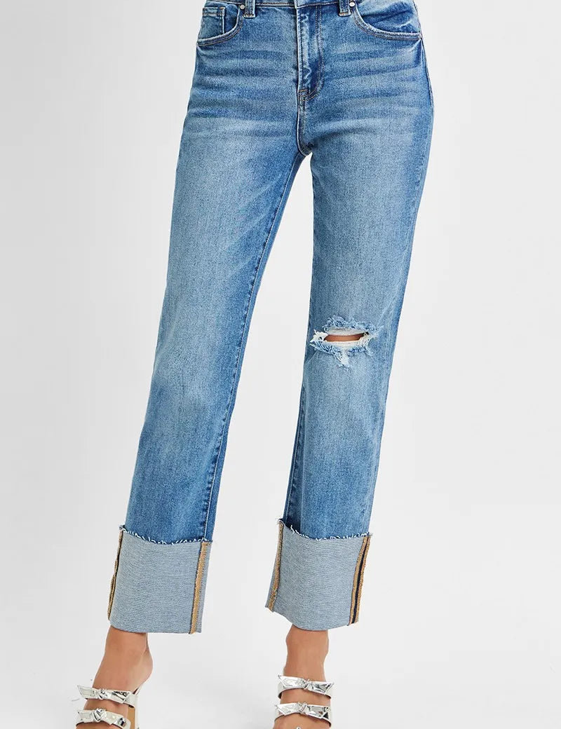 RISEN Full Size High Rise Ankle Straight Wide Cuffed Jeans Plus Size | Daverri Fashions