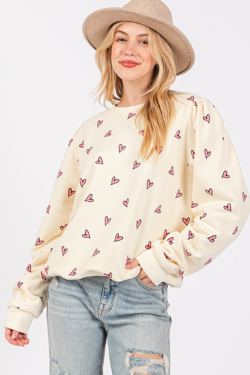 SAGE + FIG Heart Printed Contrast Long Sleeve Sweatshirt Cream Tops