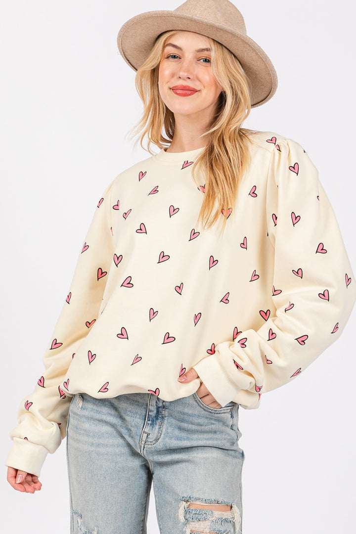 SAGE + FIG Heart Printed Contrast Long Sleeve Sweatshirt Cream Sweatshirts