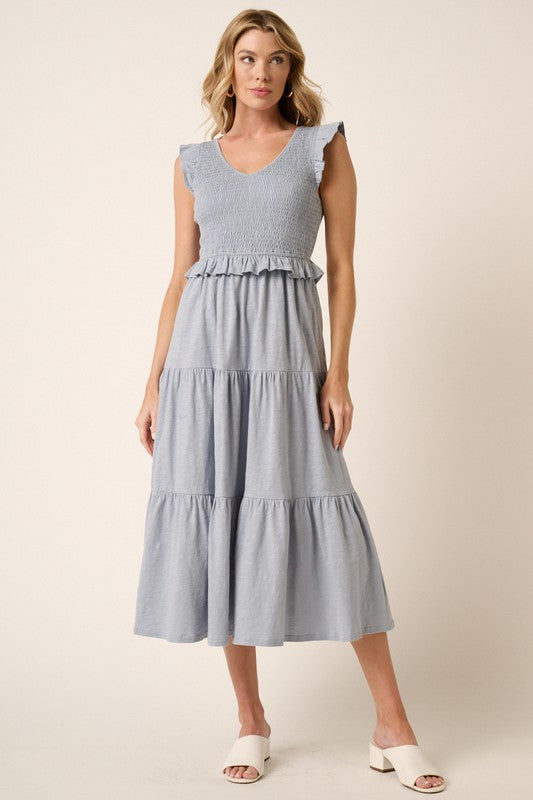 Mittoshop Smocked Ruffled Tiered Midi Dress Dusty Blue