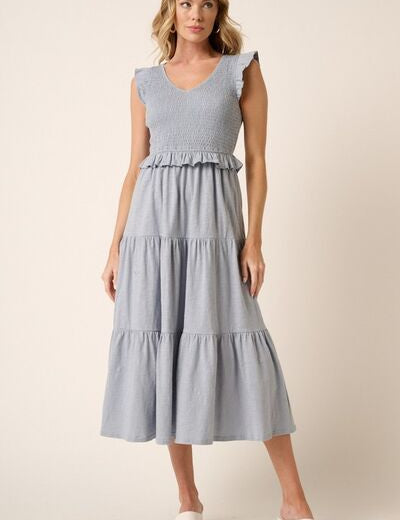 Mittoshop Smocked Ruffled Tiered Midi Dress Dusty Blue