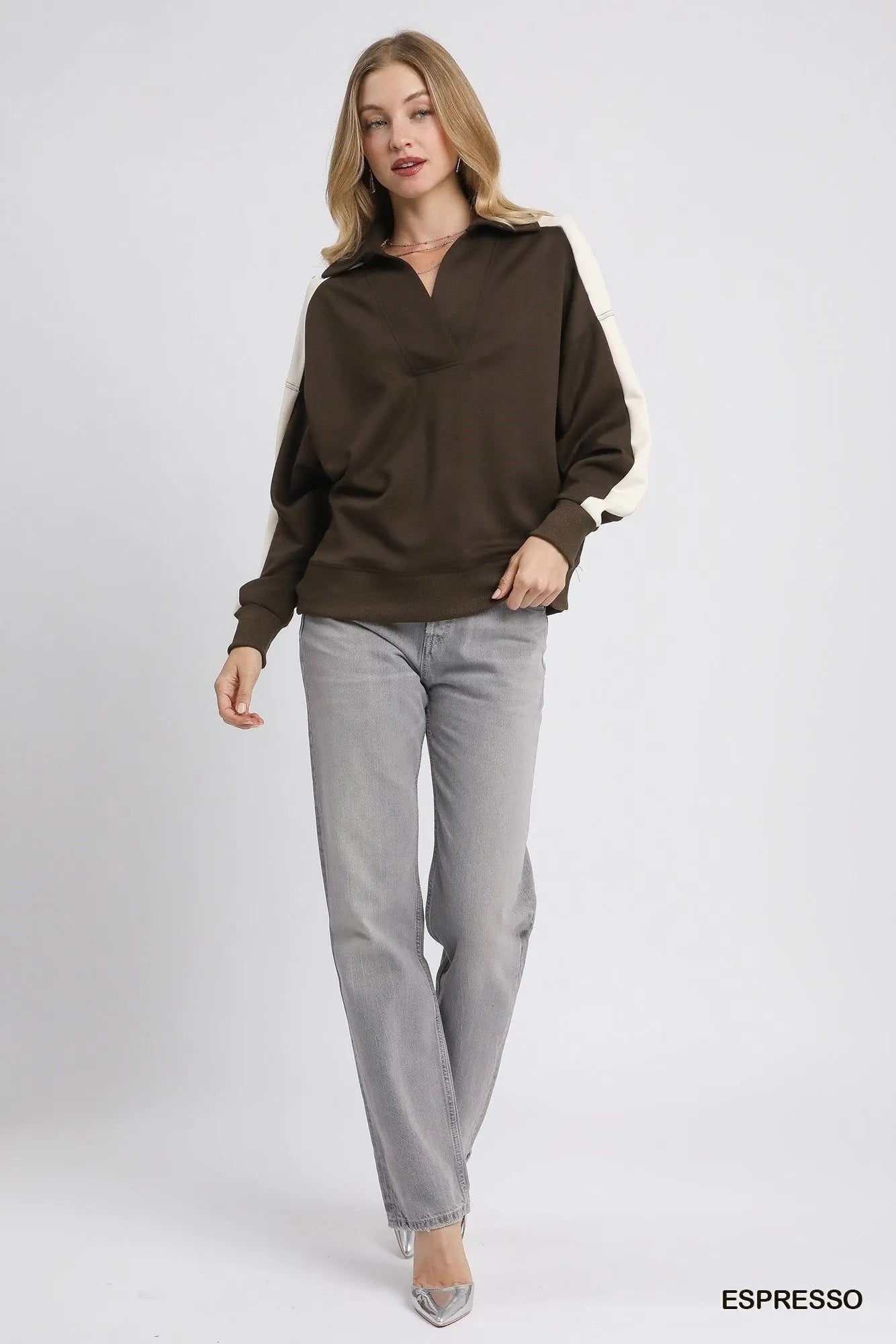 Umgee Color Block Polo Sweatshirt Sweatshirts