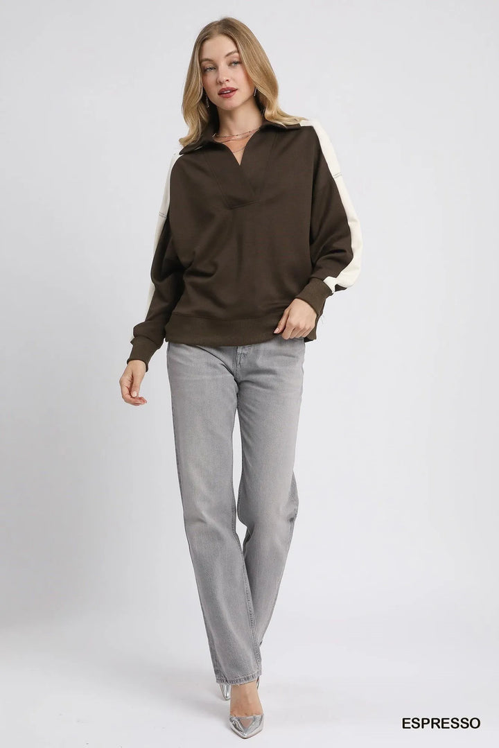 Umgee Color Block Polo Sweatshirt Sweatshirts