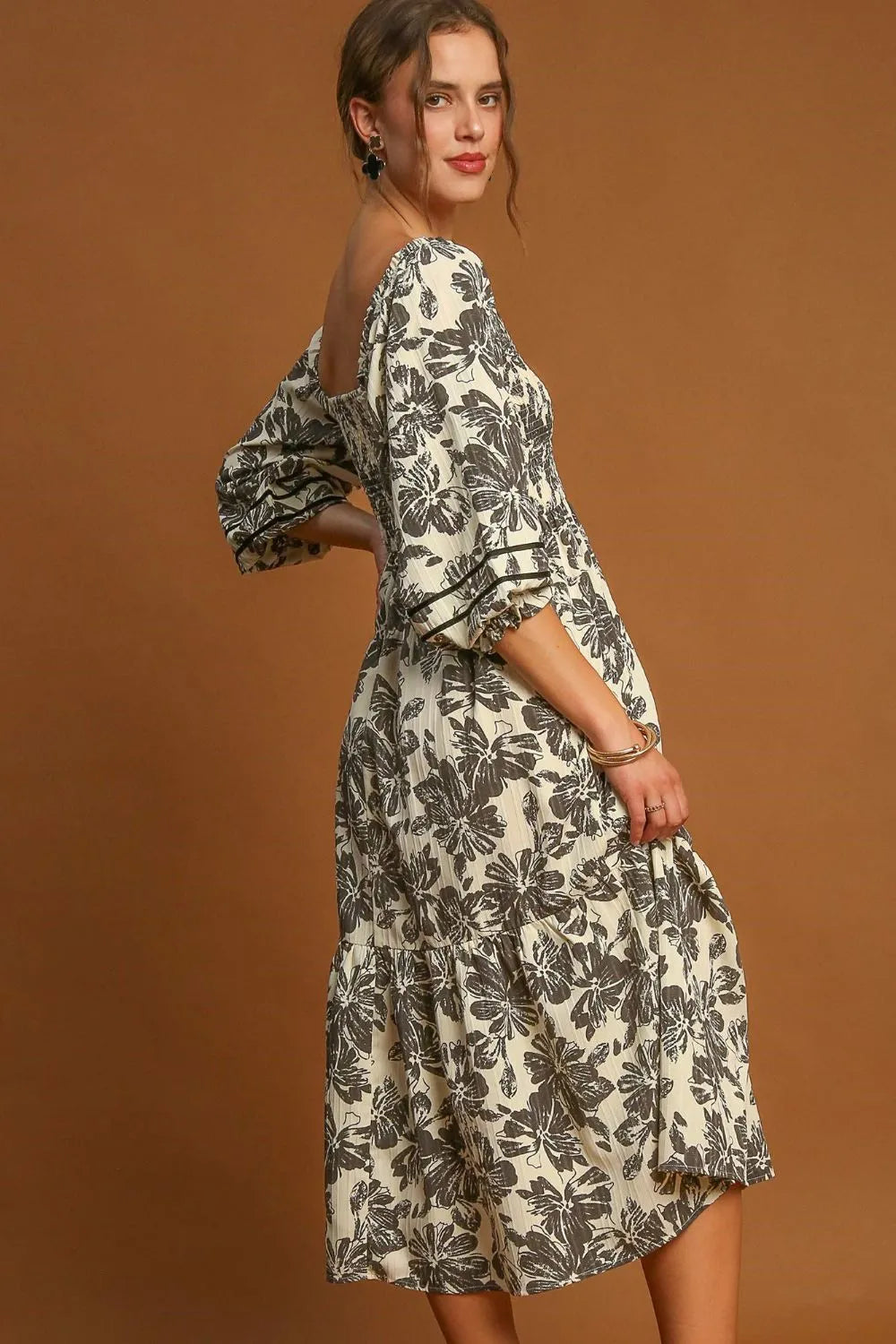 Umgee Ruffle Hem Flower Printed V-Neck Dress | Daverri Fashions