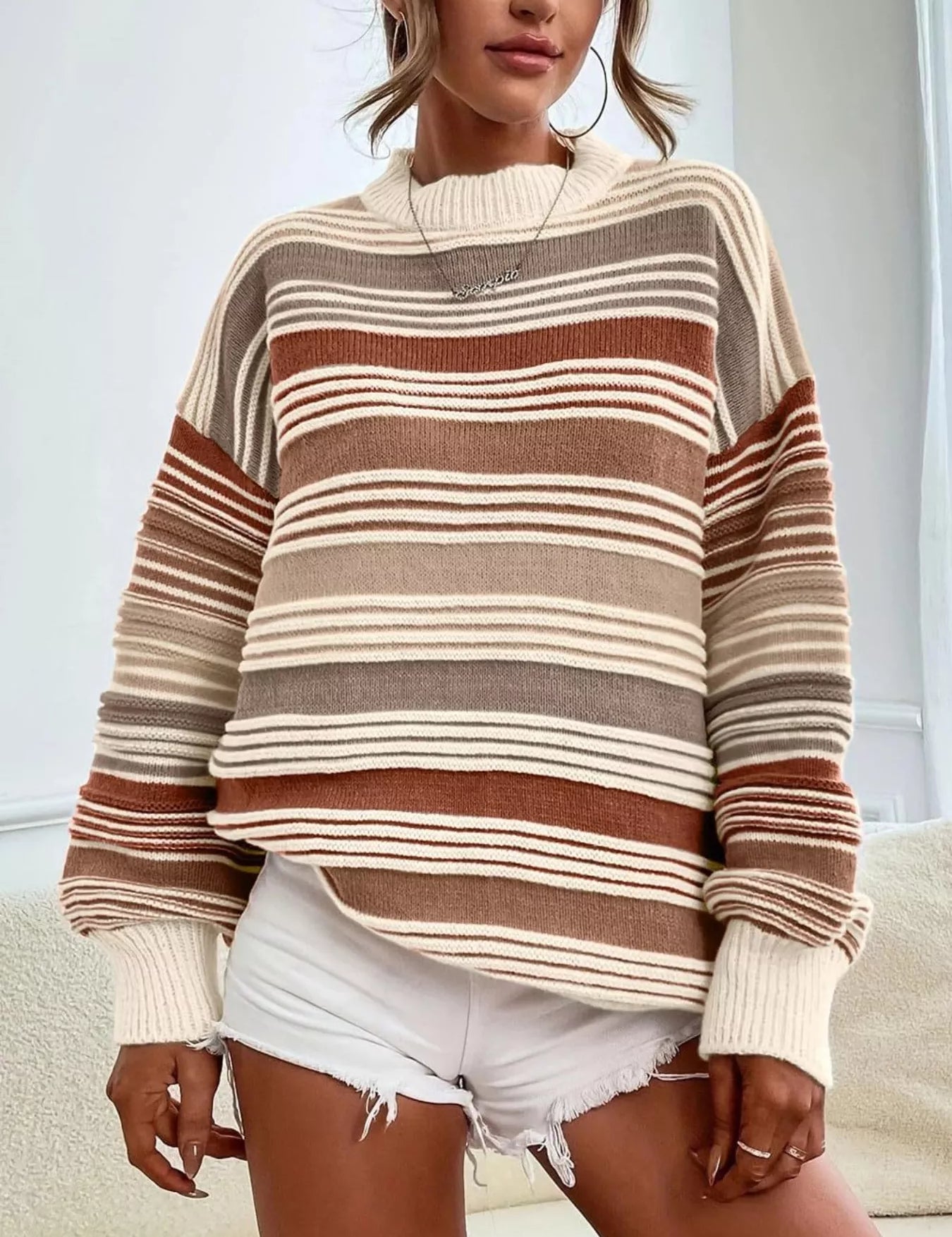 Brown Rainbow Striped Drop Shoulder Oversized Sweater | Sweaters Daverri Fashions
