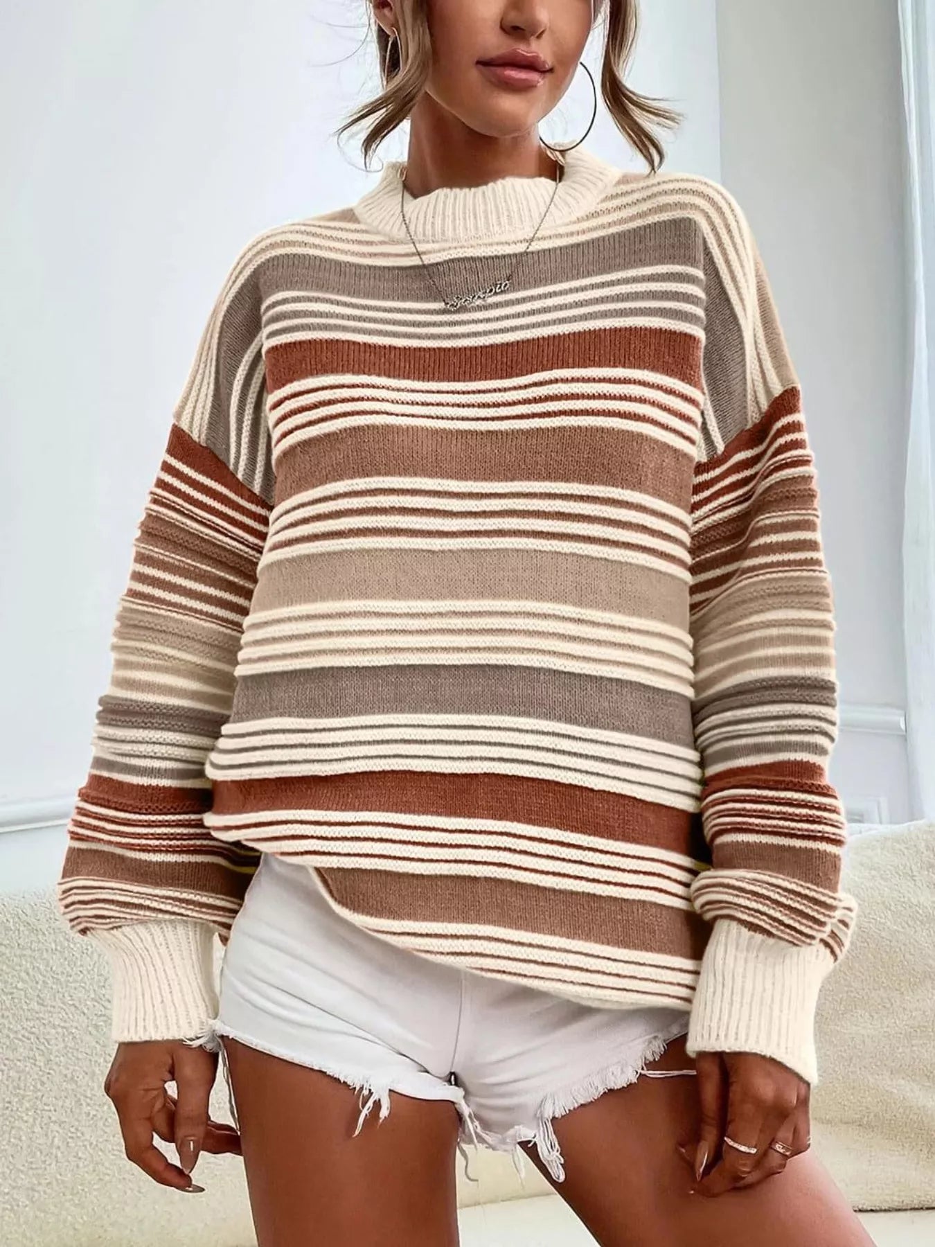 Brown Rainbow Striped Drop Shoulder Oversized Sweater | Sweaters Daverri Fashions