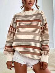 Brown Rainbow Striped Drop Shoulder Oversized Sweater | Sweaters Daverri Fashions