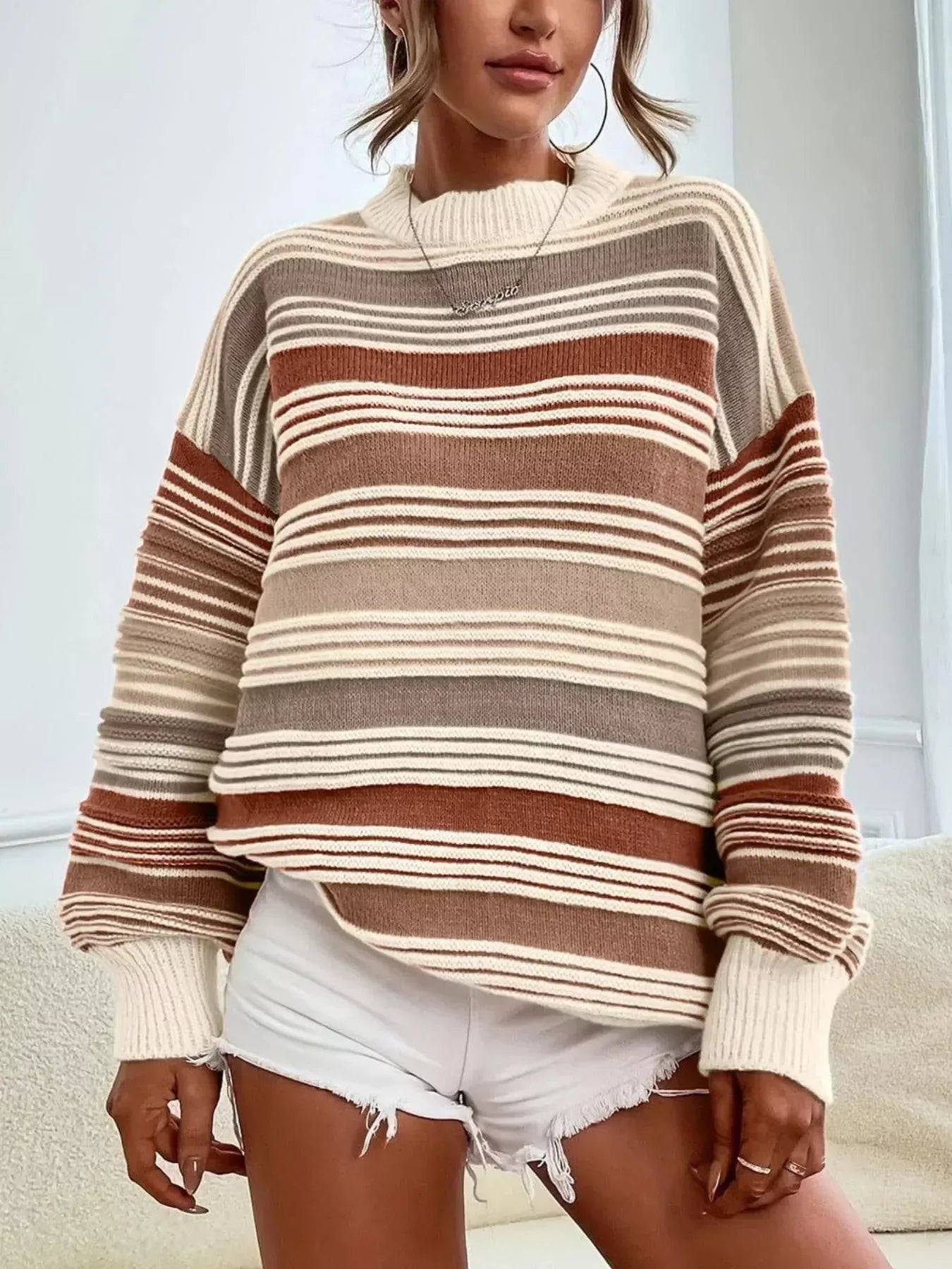 Rainbow Striped Drop Shoulder Oversized Sweater - DAVERRI FASHIONS