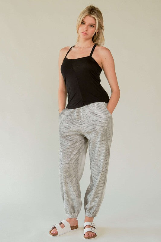 Davi & Dani Rhinestone Elastic Waist Joggers Sweatpants