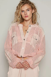 POL Texture Woven Button Down Hooded Shirt with Drawstring Hem | Shirts Daverri Fashions