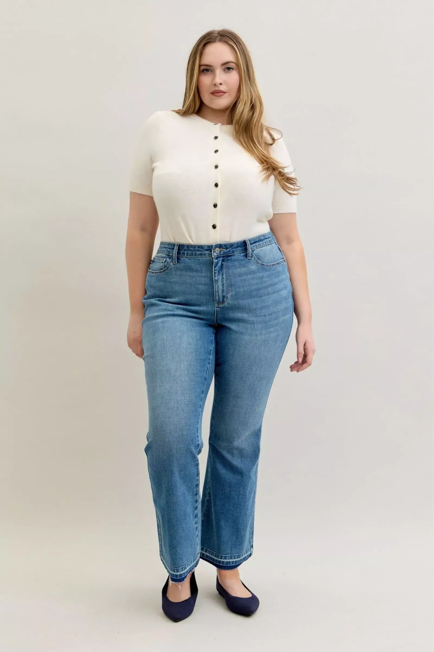 Judy Blue Full Size Mid Rise Slim Bootcut Tummy Control Release Hem Jeans Plus Size - DAVERRI FASHIONS