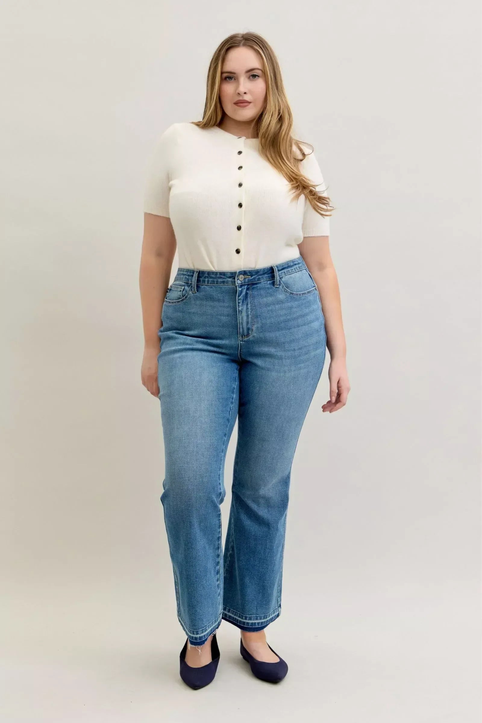 Judy Blue Full Size Mid Rise Slim Bootcut Tummy Control Release Hem Jeans Plus Size - DAVERRI FASHIONS