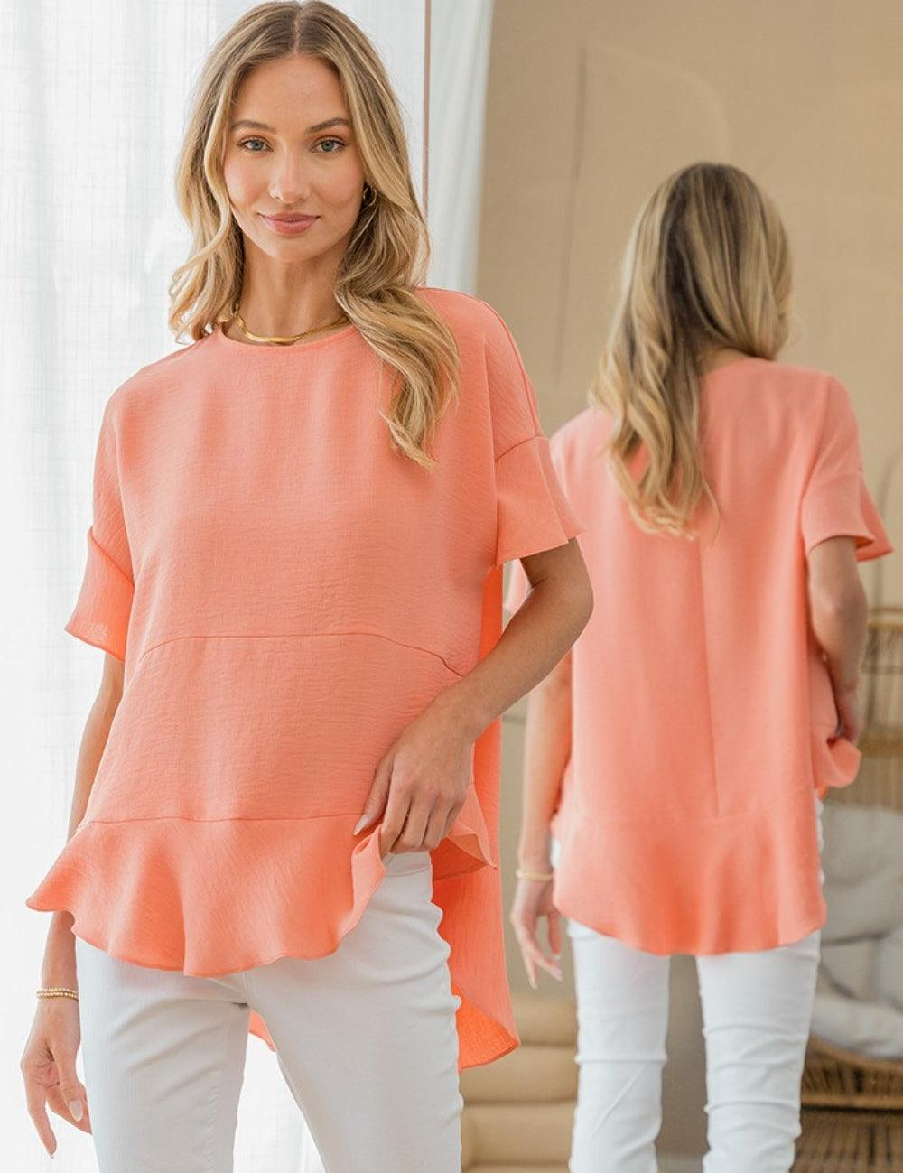 Sew In Love Round Neck Ruffled Top Coral Shirts & Tops