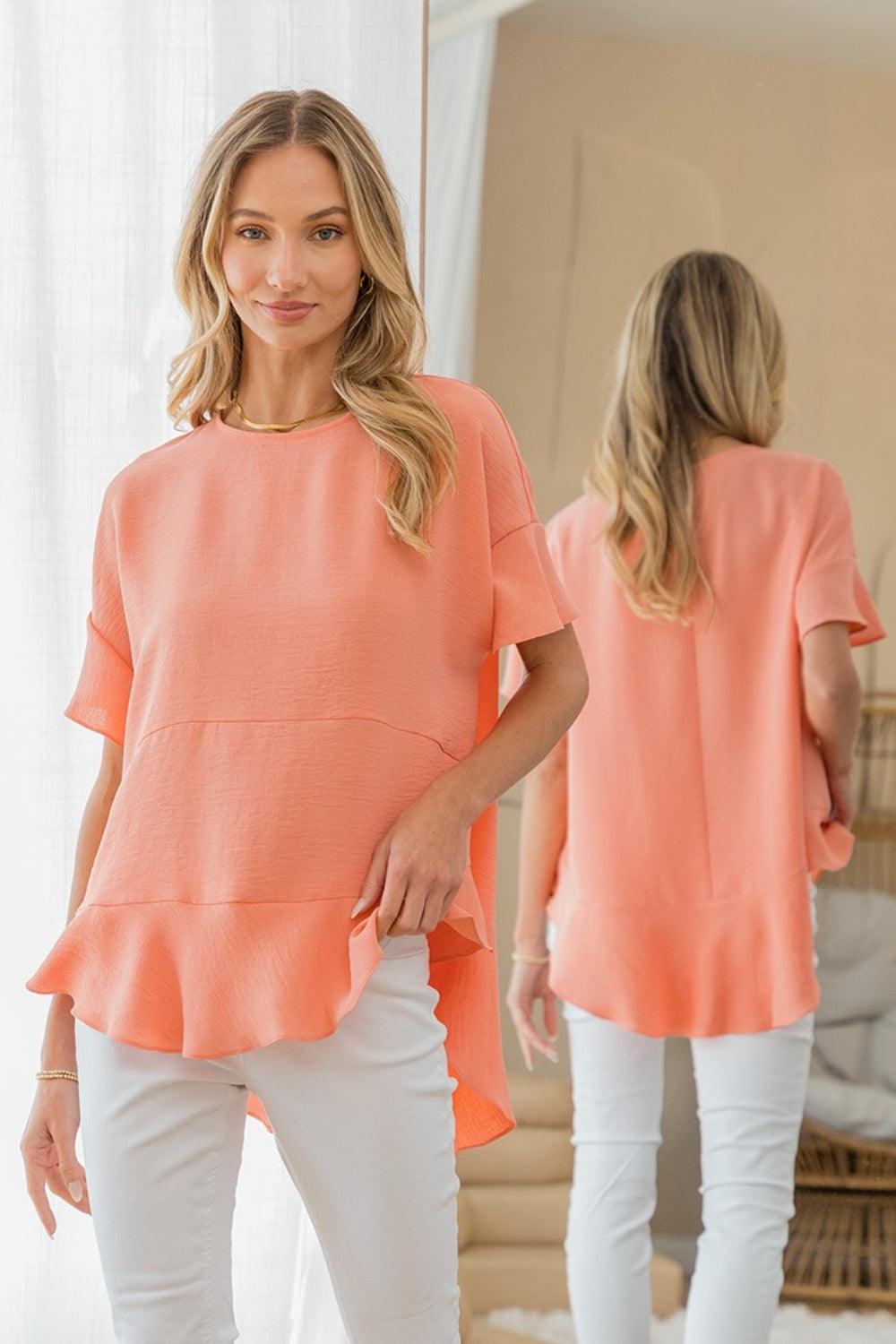 Sew In Love Round Neck Ruffled Top Coral Shirts & Tops