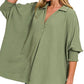 Zenana Airflow Collar Tee with Smocked Sleeve Band Top LT OLIVE L