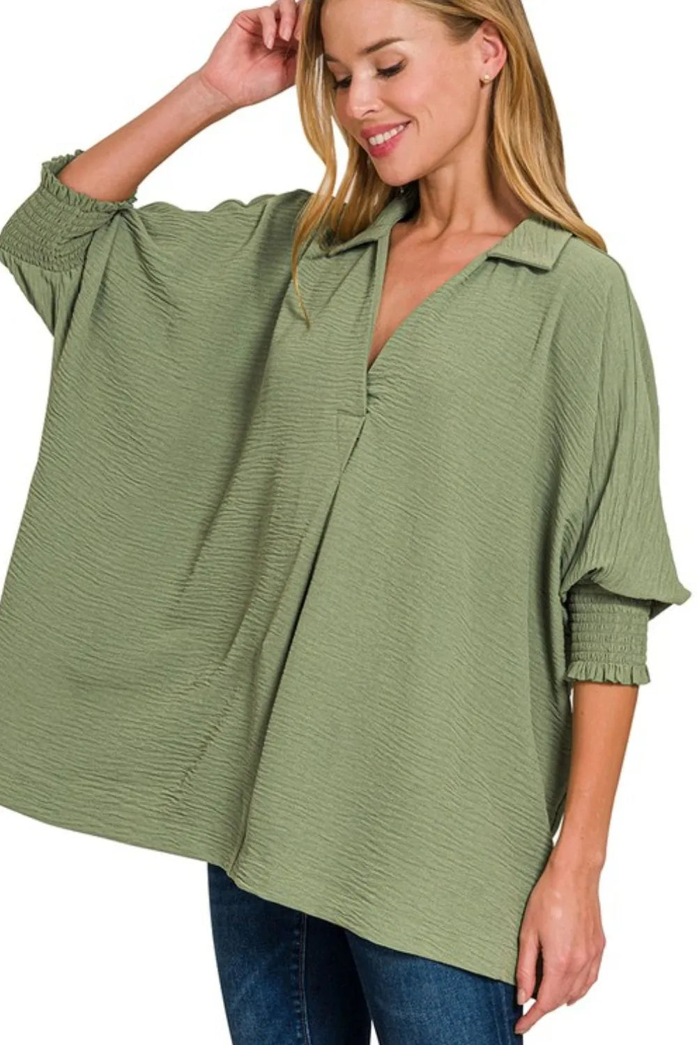 Zenana Airflow Collar Tee with Smocked Sleeve Band Top LT OLIVE L