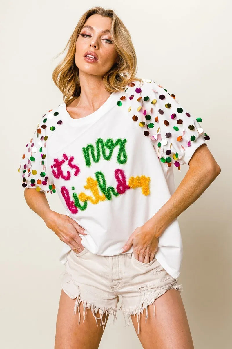 BiBi Metallic Letter Spangle Raglan Puff Sleeve Top Tops