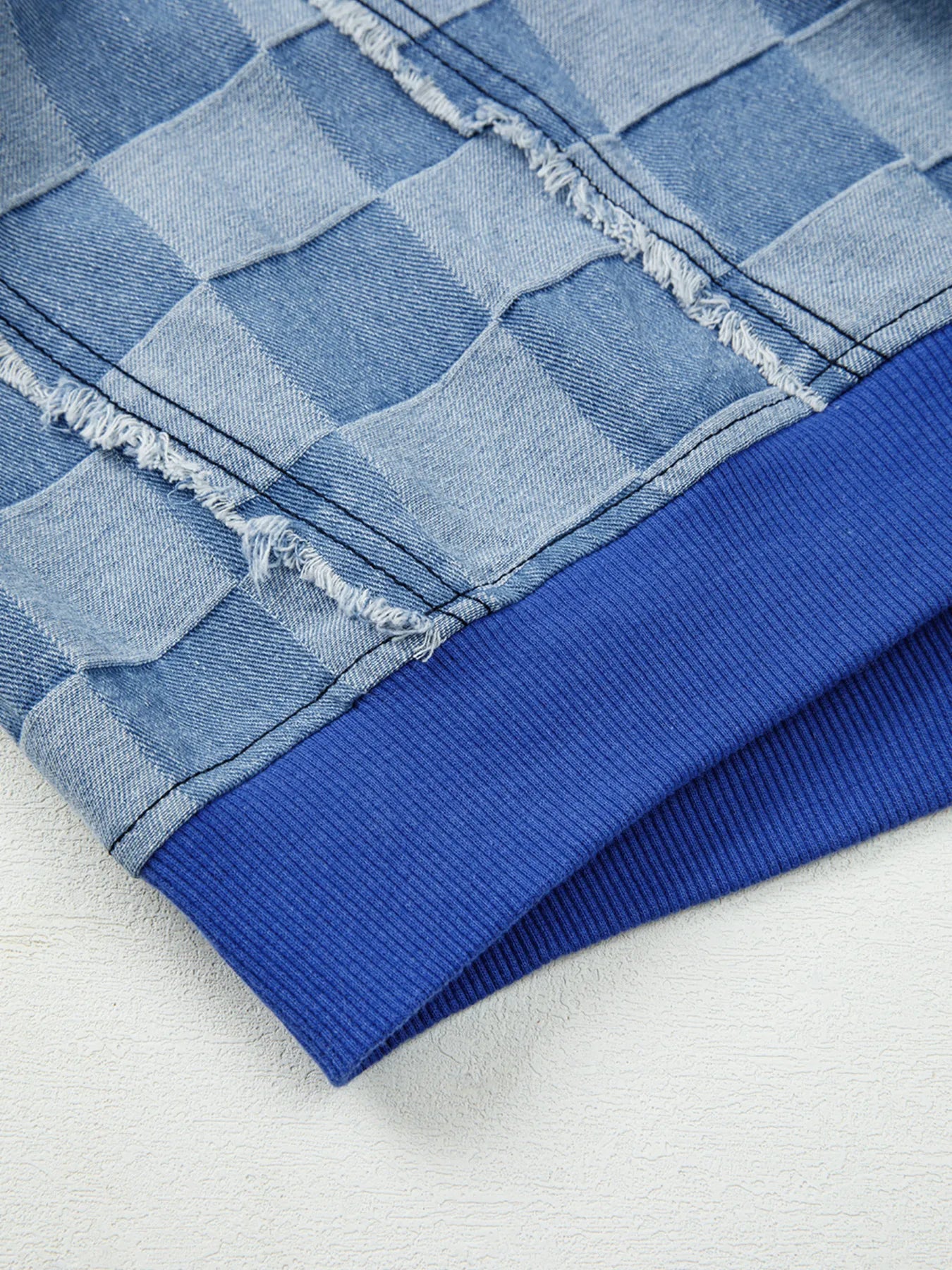 Checkerboard Splicing Raw Detail Oversized Denim Top | Tops Daverri Fashions