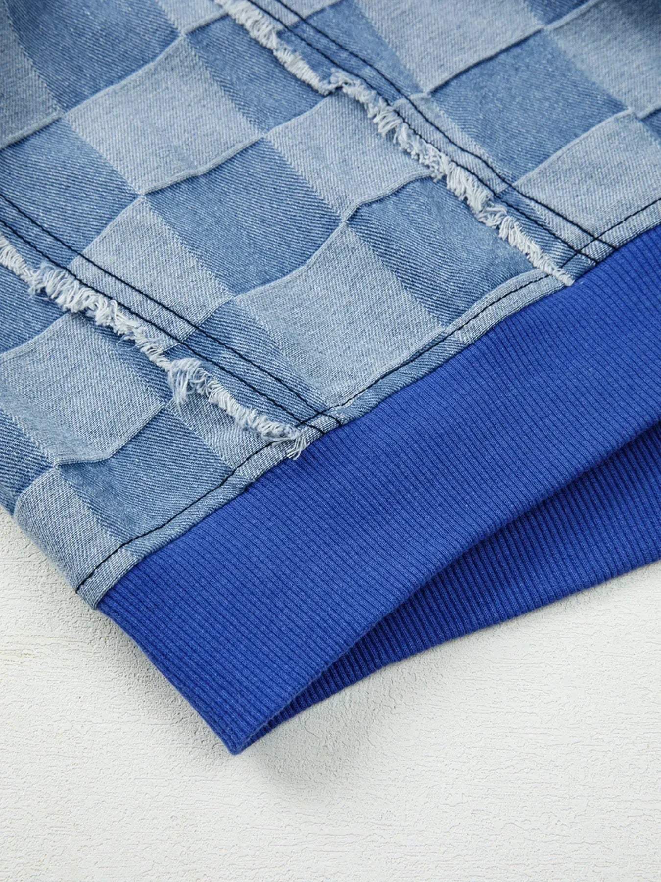 Checkerboard Splicing Raw Detail Oversized Denim Top - DAVERRI FASHIONS