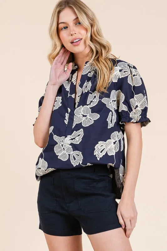 Lime 'N' Chili Embroidered Split Neck Puff Sleeve Blouse