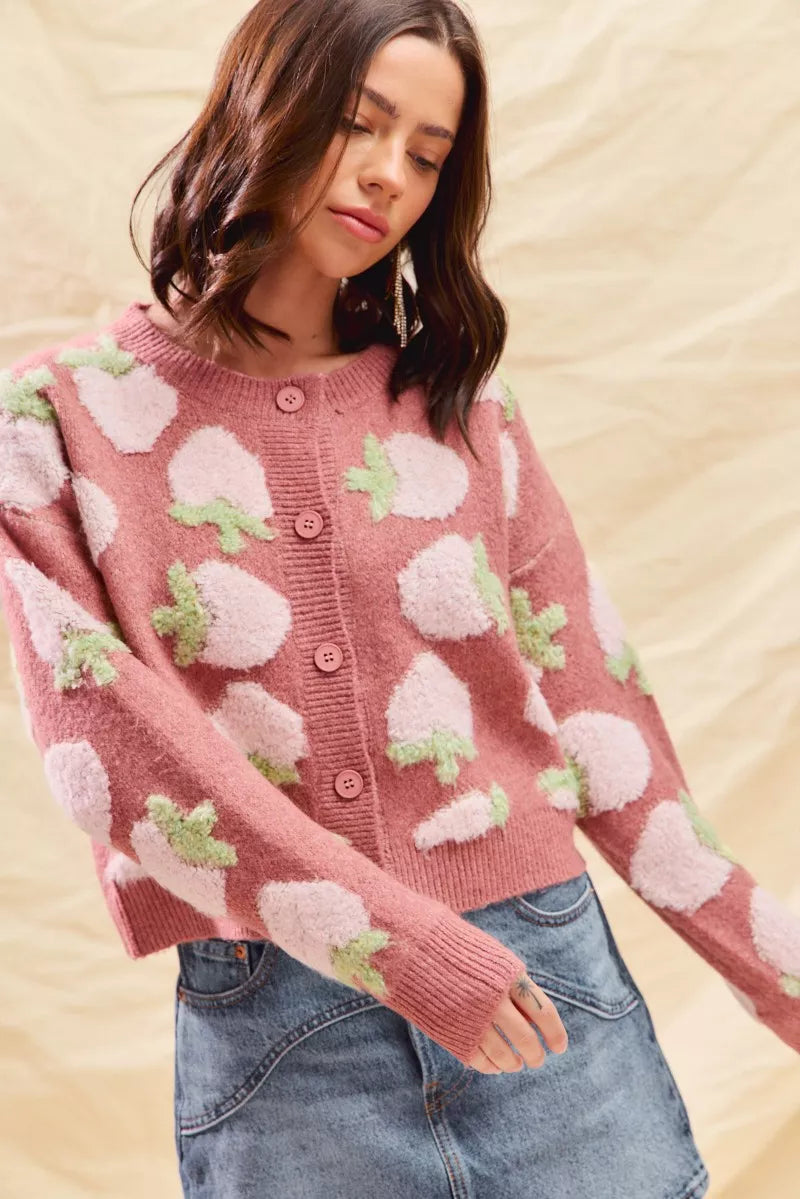 SO ME Strawberry Fruit All Over Button Sweater Cardigan | Cardigans Daverri Fashions