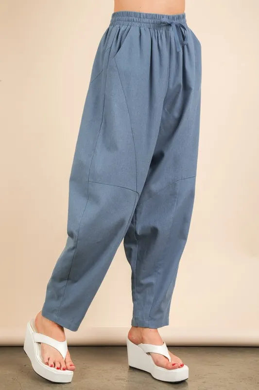 VERY J Denim Blue Solid Barrel Comfy Woven Pants Pants