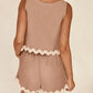 Daverri Fashions women’s beige sleeveless top and shorts set with white scalloped trim