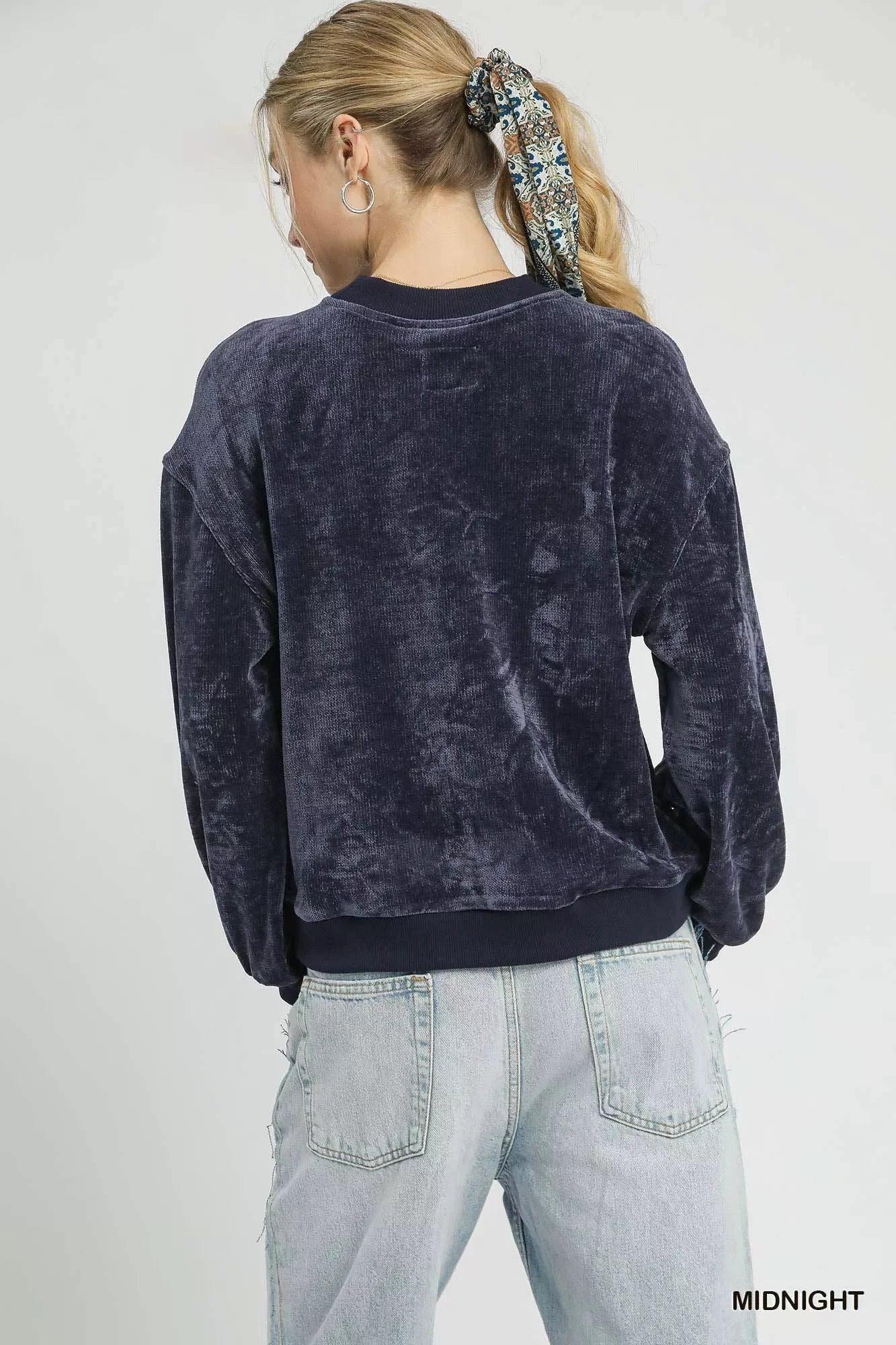 Umgee Velour Crewneck Balloon Sleeve Sweatshirt - DAVERRI FASHIONS