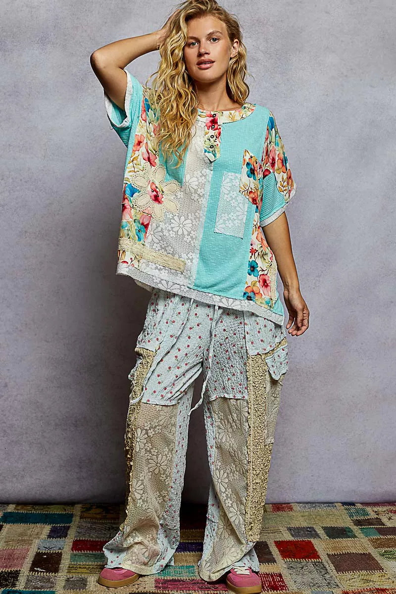 POL Lace Round Neck Short Sleeve Floral Pattern Top with Patch Detail | Tops Daverri Fashions