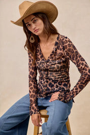 LEOPARD BiBi Leopard Printed Mesh Shirt With Button Up V Neck | Shirts Daverri Fashions