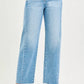 Risen slouchy cropped barrel jeans in light-wash denim, high-rise straight-leg with frayed hems