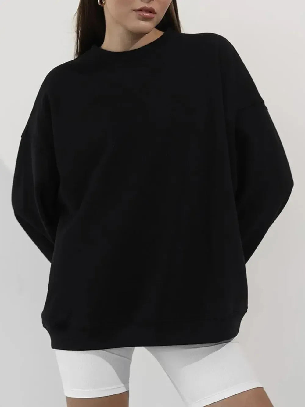 Round Neck Dropped Shoulder Long Sleeve Sweatshirt - DAVERRI FASHIONS