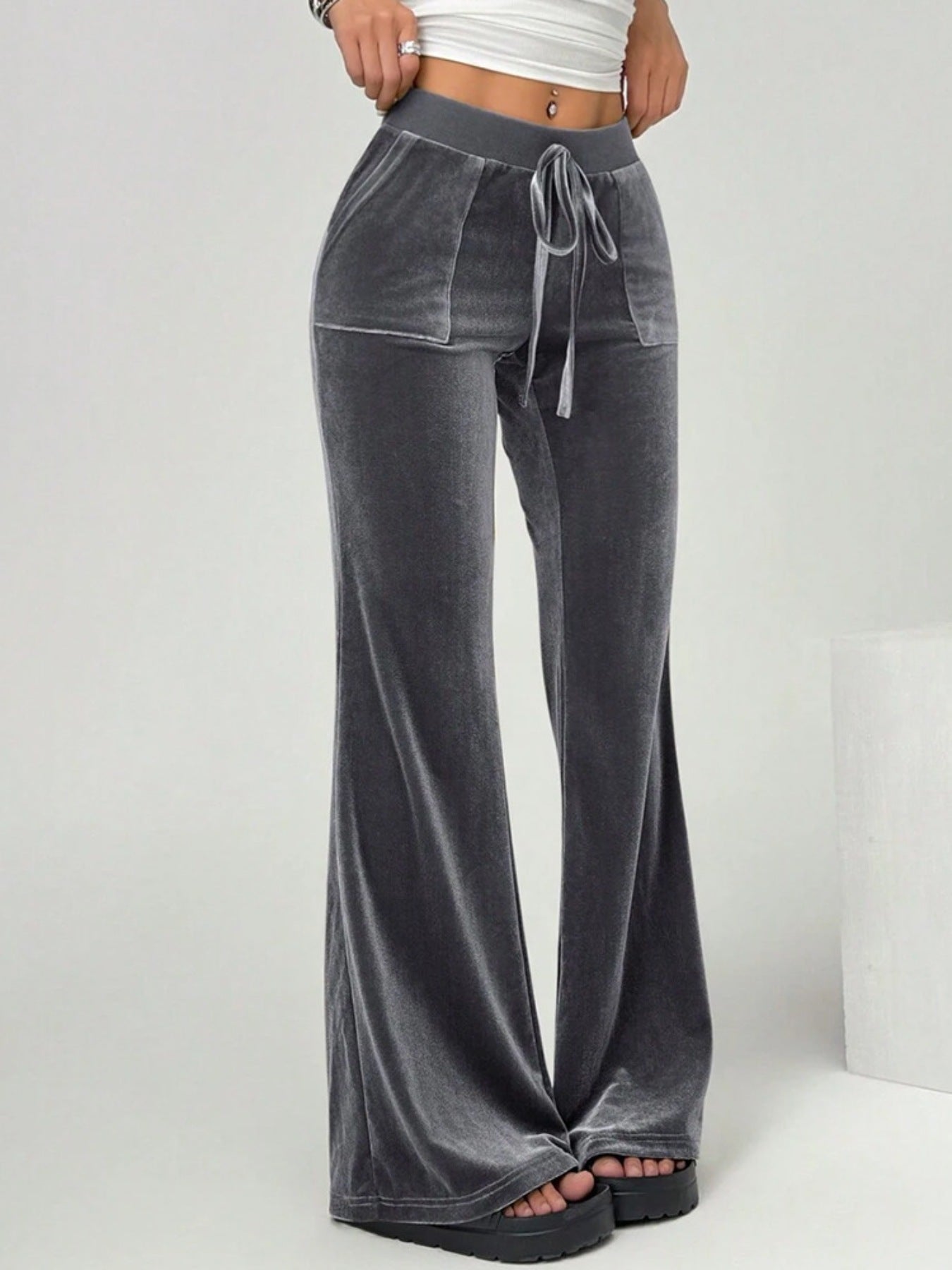 Daverri gray velvet flare pants with drawstring waist and front pockets