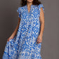 Umgee Full Size Two Tone Border Print Ruffle Cap Sleeve Midi Dress Plus Size Mid Dresses