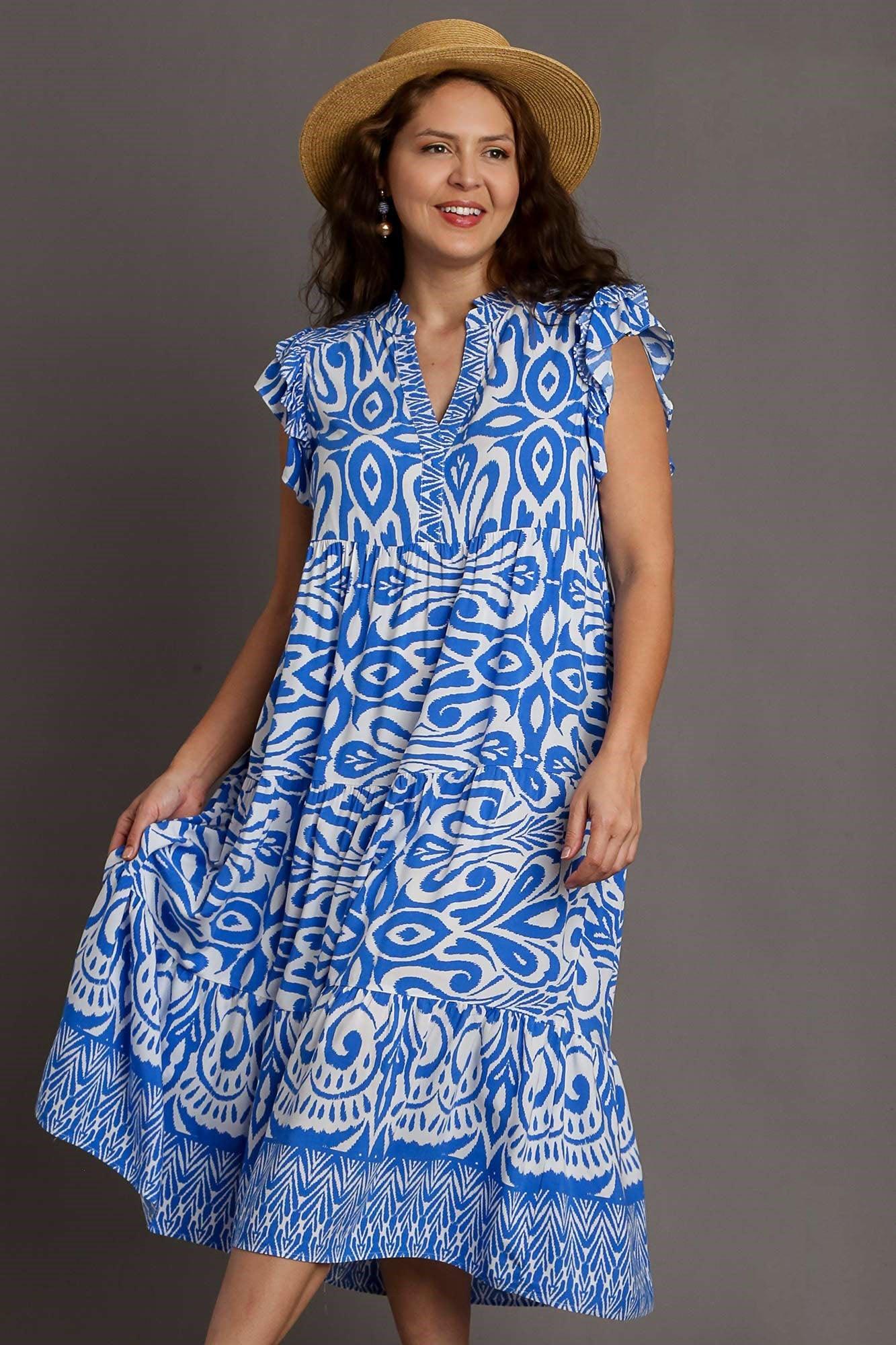 Umgee Full Size Two Tone Border Print Ruffle Cap Sleeve Midi Dress Plus Size Mid Dresses