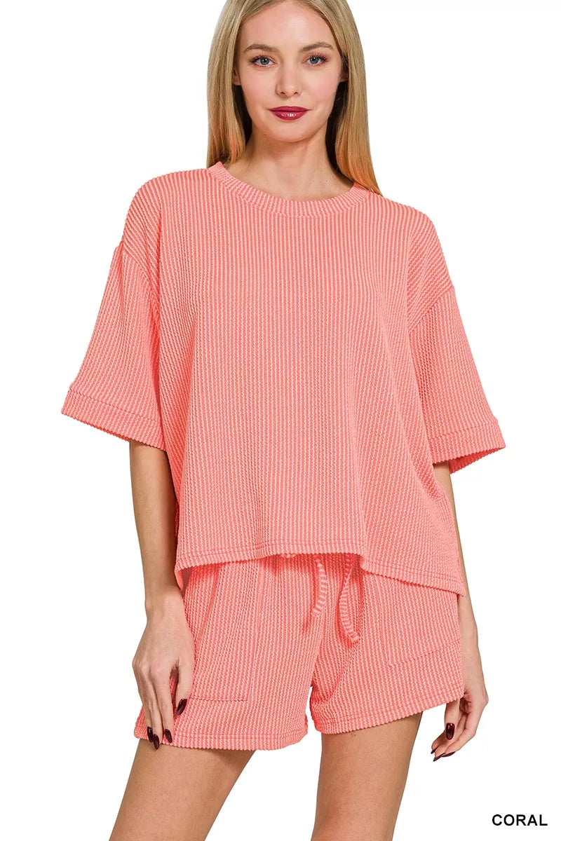 Zenana coral ribbed knit pajama set with tee and shorts