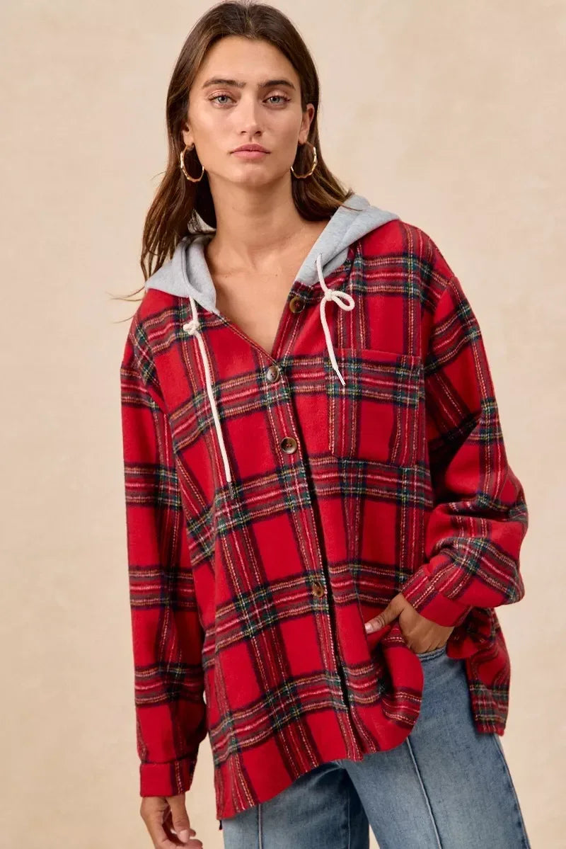 BiBi Brushed Plaid Hooded Jacket - DAVERRI FASHIONS