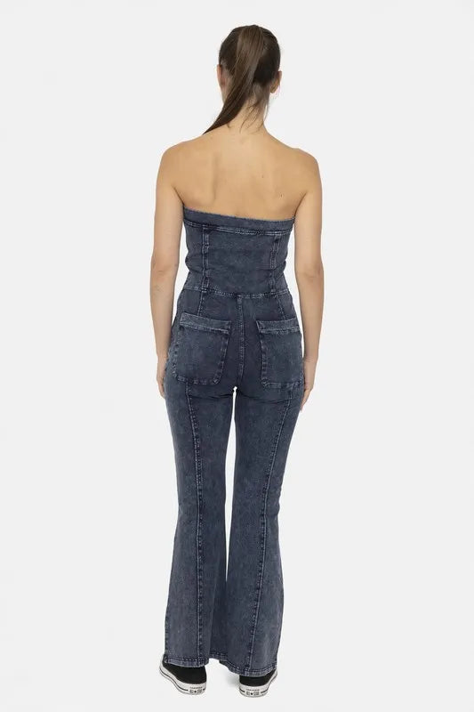 MONO B Cotton Blend Strapless Flared Jumpsuit