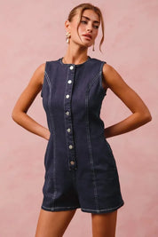 SO ME Button Up Front Washed Denim Sleeveless Romper | Rompers Daverri Fashions