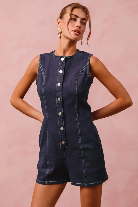 SO ME Button Up Front Washed Denim Sleeveless Romper Rompers
